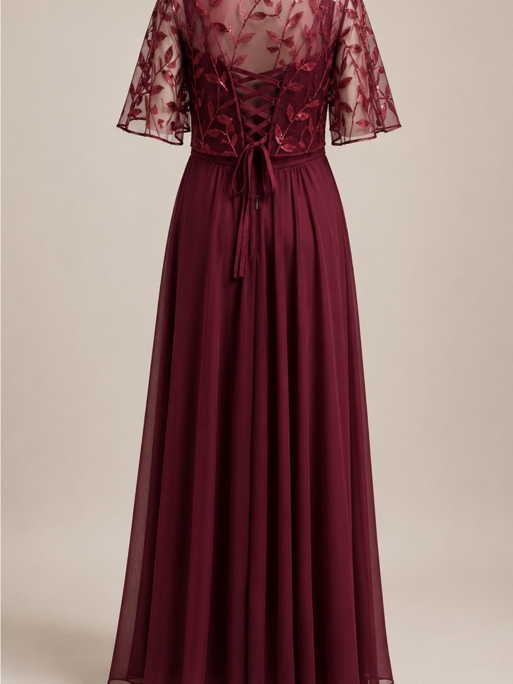 Embroidered Lace-Back Maxi Dress in Burgundy